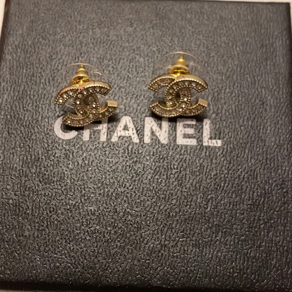 Chanel Gold Metal and Silver Crystal Mini Tiny Classic Stud Earrings - Picture 7 of 10